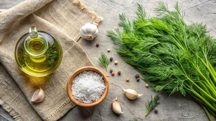 A vibrant display of fresh herbs, garlic cloves, and spices is set on a rustic countertop. Olive oil is present alongside a bowl of sea salt, showcasing the ingredients for flavorful cooking