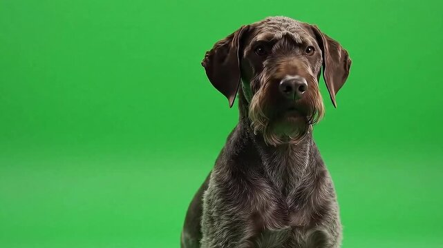 German Wirehaired Pointer Dog Posing on Green Screen Background Studio Shot