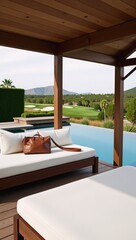 Fototapeta premium Ok Luxurious poolside setting with a vanishing edge pool golf course view and modern cabana seating featuring a leather weekend bag and daybed