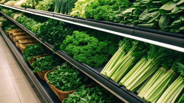 Fresh herbs and vegetables fill grocery store shelves with parsley, celery, and spinach. The inviting display showcases a variety of greenery, enticing shoppers to explore healthy options