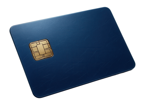 Blue credit card with gold chip, showcasing a sleek and modern design on transparent background.