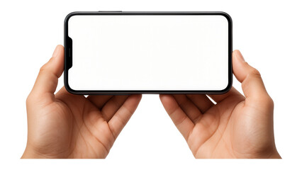 Hands holding a smartphone with a blank screen for customizable content on transparent background.