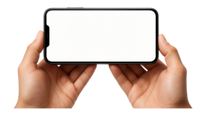 Hands holding a smartphone with a blank screen for customizable content on transparent background.