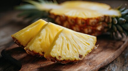 Fresh pineapple slices on a rustic wooden board (2)