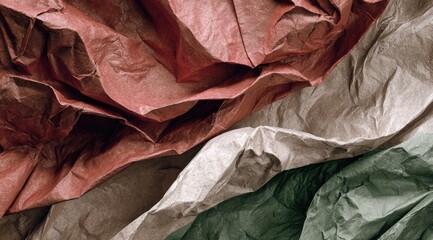 Close-up view of crumpled paper in red, beige, and green tones, resembling a flag