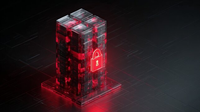 A sleek digital server stack glowing in red, featuring a padlock symbol, symbolizing data security and protection.