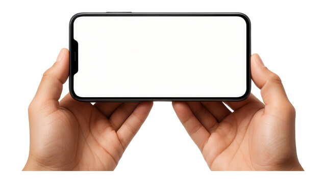 Hands holding a smartphone with a blank screen for customizable content on transparent background.