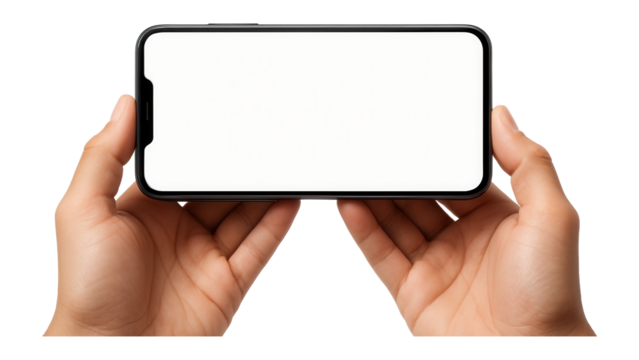 Hands holding a smartphone with a blank screen for customizable content on transparent background.