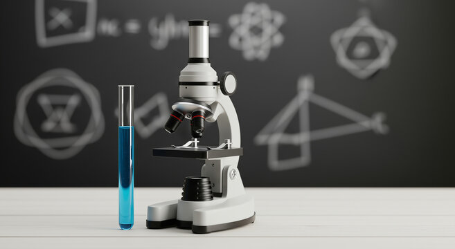 A scientific still life with a microscope and a test tube with a bright blue liquid on a wooden desk, with a chalkboard filled with chemical and mathematical formulas in the blurred background.