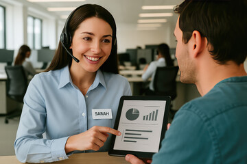 Obraz premium Business Meeting and Analysis: A woman, with a headset, intently guides a client through an analytical presentation on a tablet, with focused eye contact and communication.