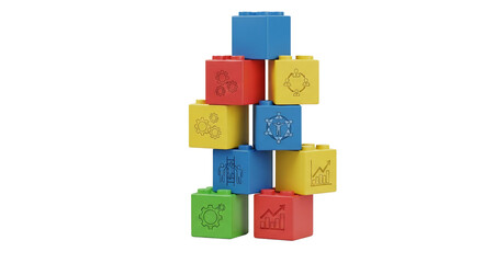 Obraz premium Stack of colorful toy building blocks with business icons isolated PNG with Transparent Background