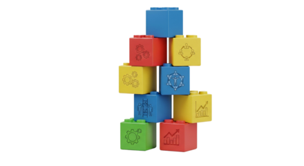 Stack of colorful toy building blocks with business icons isolated PNG with Transparent Background