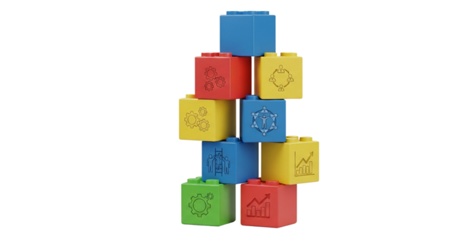 Stack of colorful toy building blocks with business icons isolated PNG with Transparent Background