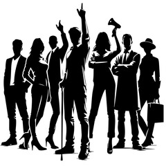 Clean black and white silhouette vector of a business group on white background