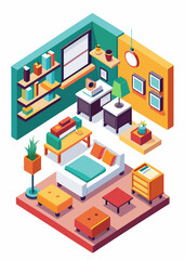 Fototapeta premium Isometric modern bedroom interior with bed, nightstand, and wardrobe. Contemporary furniture layout in cozy home space, elegant minimalist decor in stylish private room. 