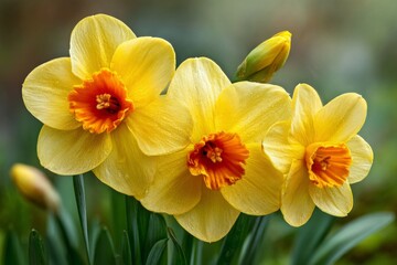 Bright yellow daffodils blooming in a garden during springtime with fresh green foliage surrounding them