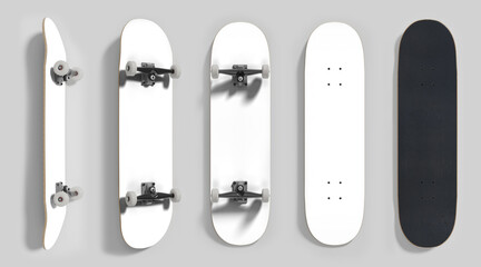 Skateboard deck mockup template – multiple angles, transparent board for easy artwork placement
