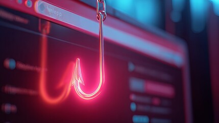 A digital illustration of a glowing phishing hook symbolizing online security threats in a cyber environment.