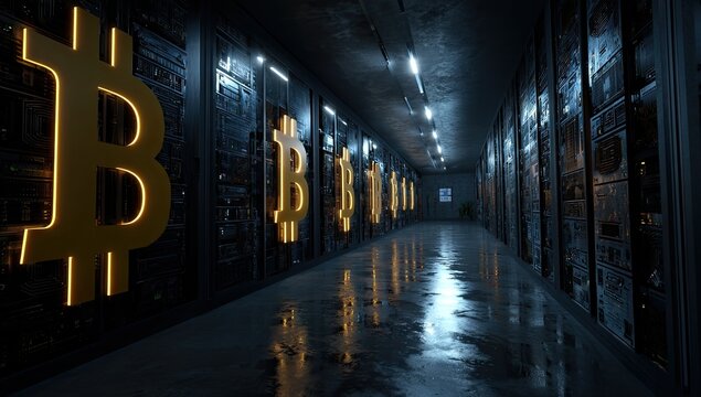 Dark server farm, Bitcoin mining.  Neon Bitcoin symbols illuminate a long corridor of server racks