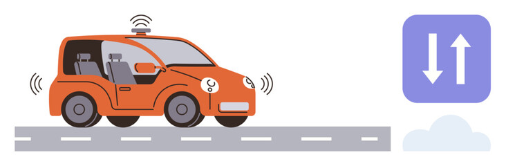 Self-driving orange car on a road with sensors and a wireless signal icon. Ideal for technology, transportation, automation, smart systems, AI, innovation, future mobility. Simple flat metaphor