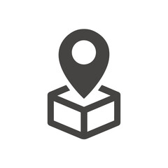 Minimalist icon illustration of a black location pin on a stylized cube, concept for navigation app, delivery service, and logistics tracking.