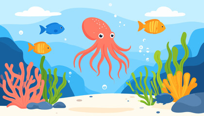 Fototapeta premium A vibrant cartoon illustration of an underwater scene with a friendly octopus, colorful fish, and marine life.
