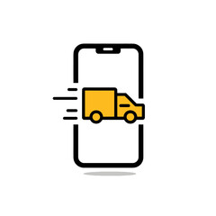 Iconic delivery truck symbol inside smartphone screen with motion lines indicating speed, concept for mobile logistics, online order tracking and fast shipping service