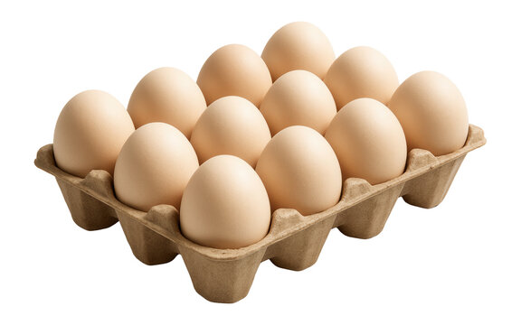 A dozen brown eggs neatly arranged in a cardboard egg carton on transparent background.