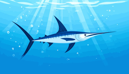 Obraz premium Stylized blue marlin fish with a long bill and prominent dorsal fin swimming gracefully.