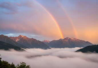 Double rainbow over misty mountains