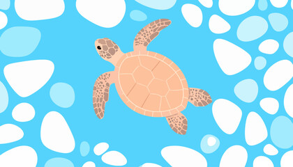 Cute cartoon sea turtle with a peach shell and patterned flippers, swimming gracefully.