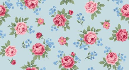 Fototapeta premium Vector Floral Pattern SVG Illustration with Pink Roses and Blue Flowers in Minimalist Flat Design
