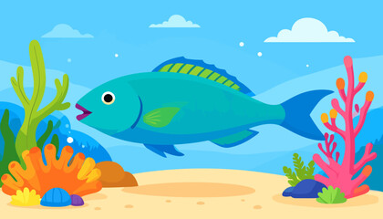 Naklejka premium Vibrant blue-green cartoon fish with a striped dorsal fin and happy expression.