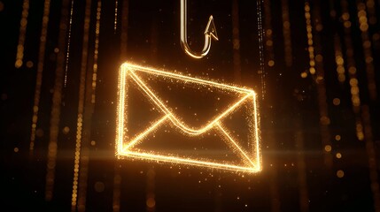 A shimmering golden email icon suspended on a fishing hook, symbolizing phishing threats in a digital world.
