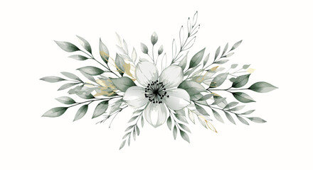 Obraz premium Minimalist Vector SVG Illustration of Floral Bouquet with Elegant Monochrome Green and White Color Palette in Modern Flat Style