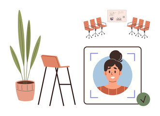 Potted plant and stool placed near meeting chairs, board with graphs, profile verification photo in focus. Ideal for workplace, identity, meeting, human resource, presentation, productivity simple