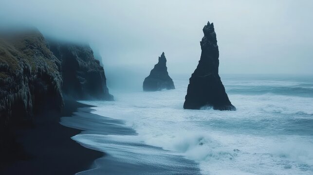 Dramatic Coastal Landscape: Misty Sea Stacks on Black Sand Beach, Iceland.