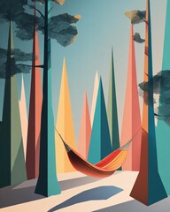 Hammock forest break A colorful hammock suspended in vibrant trees.