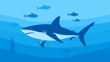 Naklejka premium A large, stylized blue and white shark illustration with prominent gills, swimming in profile.