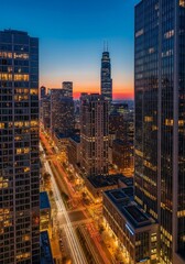 Obraz premium Cityscape at Dusk - Stunning aerial view of a city at sunset, showcasing illuminated skyscrapers and traffic trails on a wide avenue