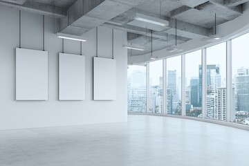 Modern, empty gallery space with city views.  Blank canvases hang on white walls.  Concrete ceilings and floors.  Large windows