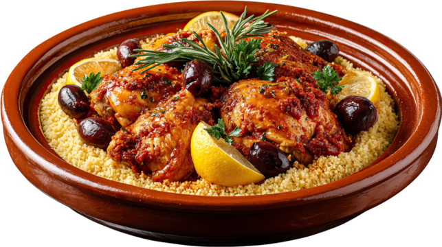 Moroccan Tagine: A vibrant and aromatic Moroccan tagine featuring succulent chicken, zesty lemon, and savory olives, all elegantly presented on a bed of fluffy couscous.
