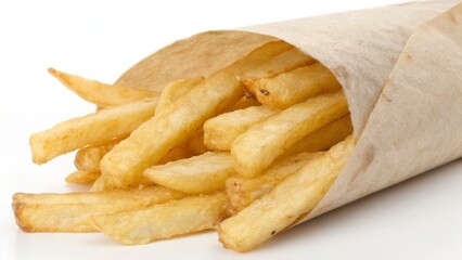 Golden French Fries in Paper Cone isolated on White Background