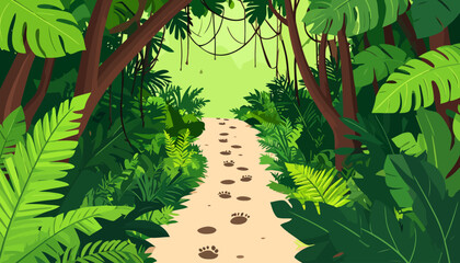 Obraz premium Vibrant cartoon illustration of a mysterious jungle path with animal paw prints, surrounded by lush green tropical foliage and hanging vines.