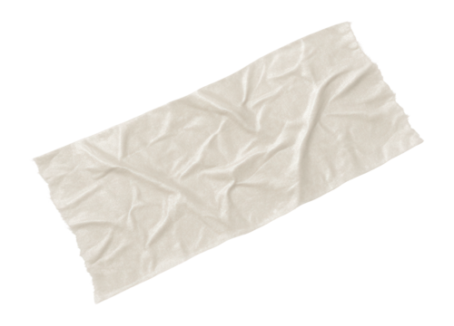 A piece of crumpled beige cloth with frayed edges, showing texture and detail on transparent background.