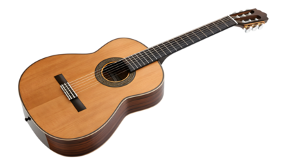 Coustic guitar with strings, fretboard, and tuning pegs for musical performance on transparent background
