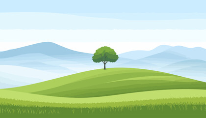 Peaceful minimalist landscape illustration of a single tree on a vibrant green hill with misty mountains.