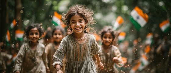 Children in a park waving flags, celebrating India Independence Day