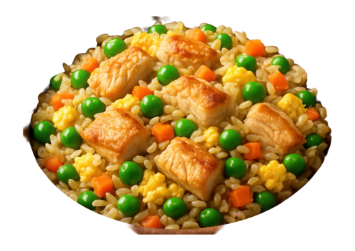 A delicious plate of fried rice mixed with chicken pieces, green peas, carrots, and scrambled eggs on transparent background. - Powered by Adobe