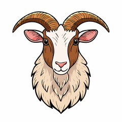 Detailed Illustration of a Goat Head with Prominent Horns on White Background